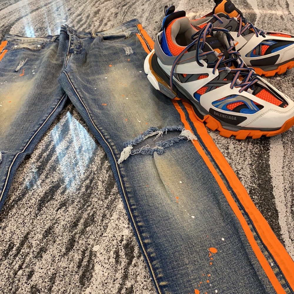 Trinity Men's Skinny Blue Jeans with Orange Paint-Stripe Detail